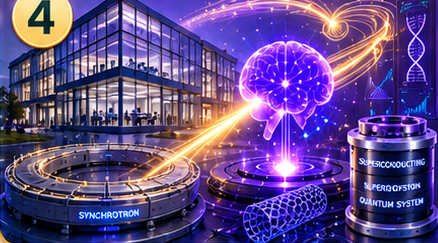 Research institute building, synchrotron facility, nanotechnology display, and AI brain