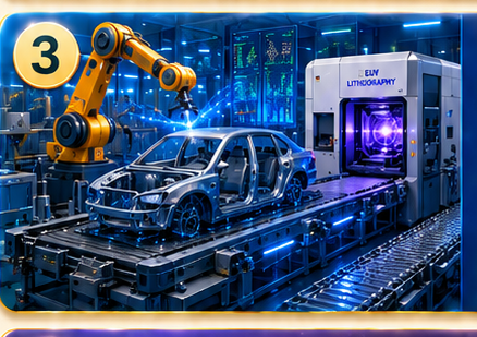 Smart factory with robotic arm, vehicle production line, and lithography equipment