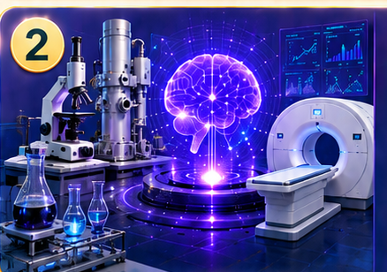 Advanced laboratory with microscope, instrument platform, CT scanner, and AI brain