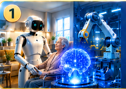 Care robot, industrial robot arm, and luminous AI brain